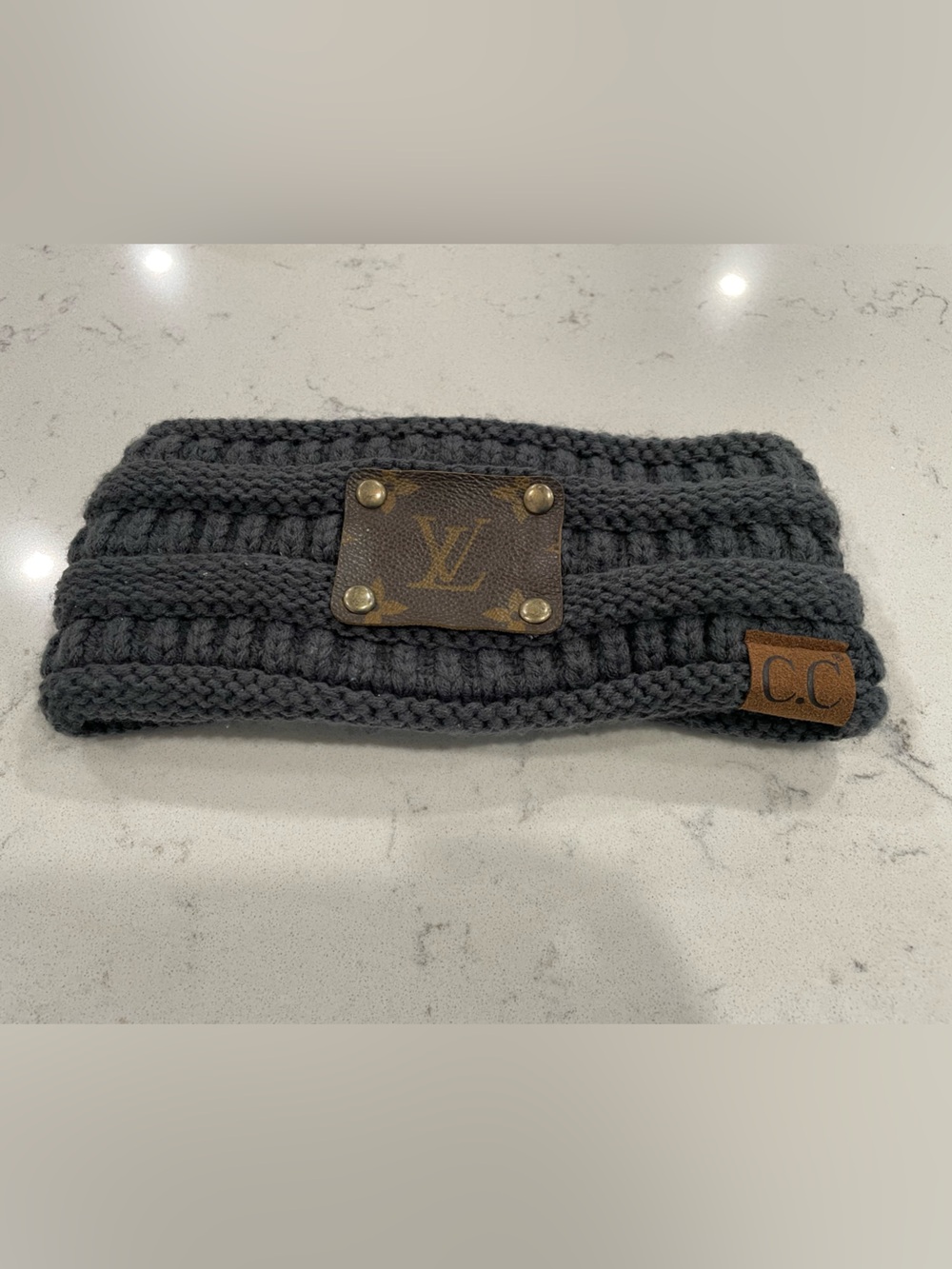 C.C Gray Knit Headband with Authentic Upcycled Louis Vuitton Leather Accents